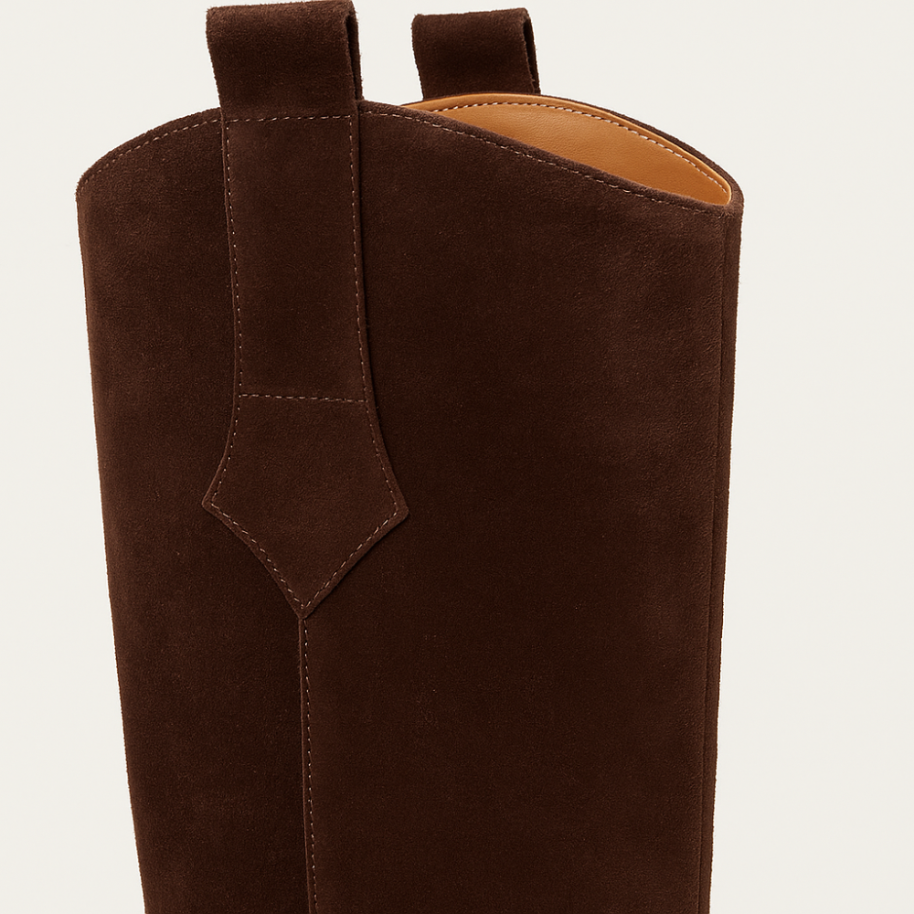Brązowe zamszowe skórzane kozaki kowbojki przed kolano kowbojki zamsz w kolorze ciemny brąz skóra naturalna