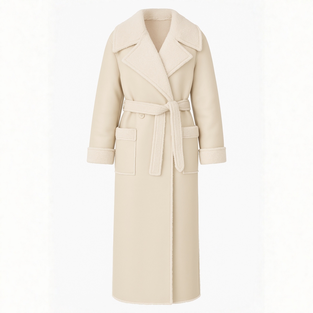 Śmietankowy ciepły wełniany długi kożuch ecru z paskiem