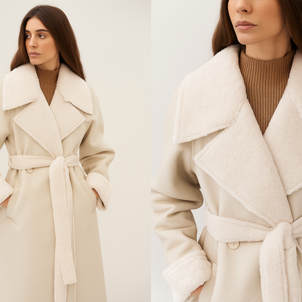Śmietankowy ciepły wełniany długi kożuch ecru z paskiem