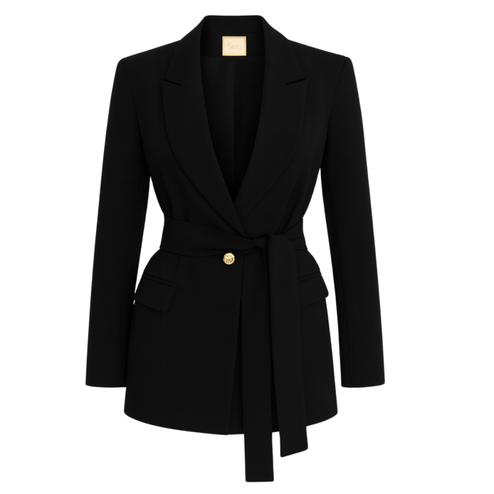 Czarna klasyczna elegancka marynarka na jeden guzik z paskiem w talii Diego One