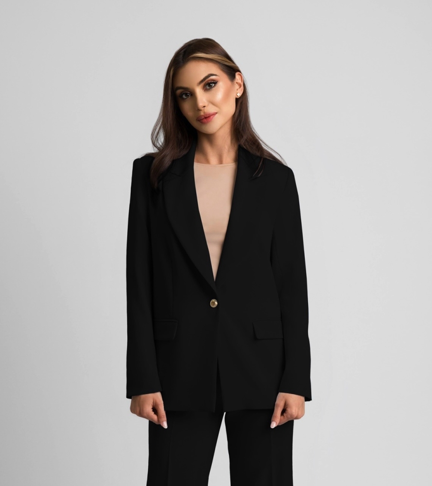 Czarna klasyczna elegancka marynarka na jeden guzik z paskiem w talii Diego One