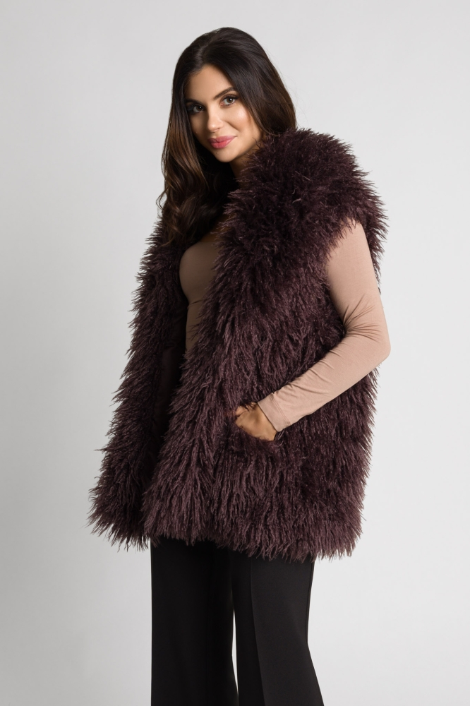 Brązowe futro wegańskie z lamy kamizelka za pupę brązowa ciepła kamizelka bezrękawnik z futra lamy