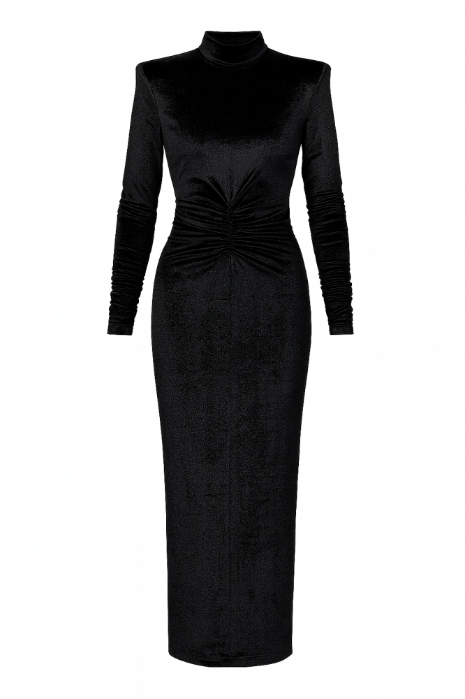 Dopasowana welurowa sukienka midi z półgolfem i ozdobnym marszczeniem Vera by Swing