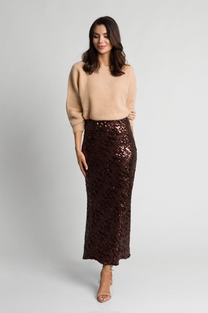 Brązowa cekinowa dopasowana spódnica midi Mary by Swing