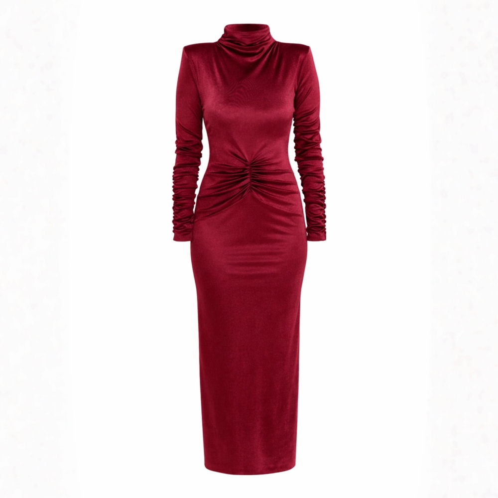 Dopasowana bordowa welurowa sukienka midi z półgolfem i ozdobnym marszczeniem Vera by Swing