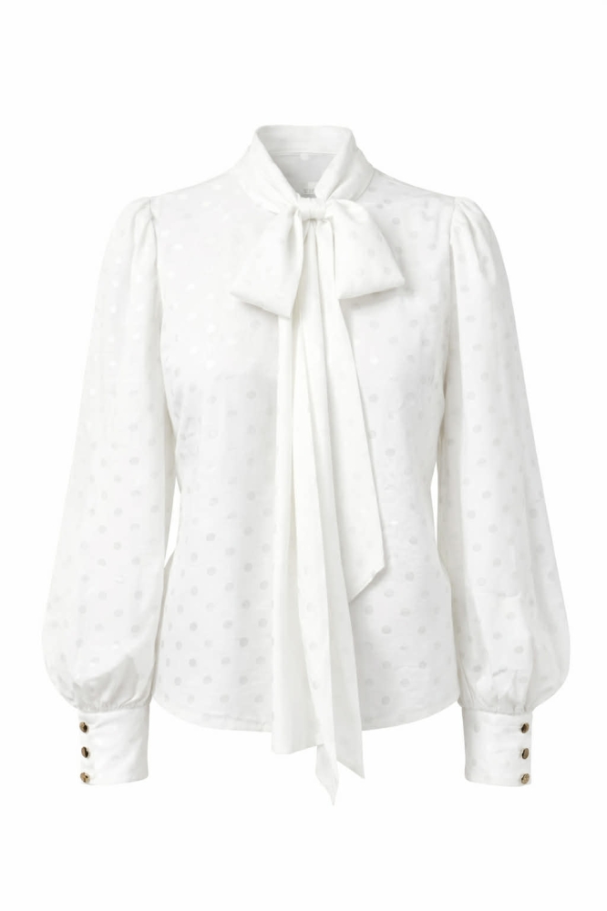 Elegancka wiskozowa biała koszula w delikatne grochy z wiązaniem przy szyi Mila by Swing