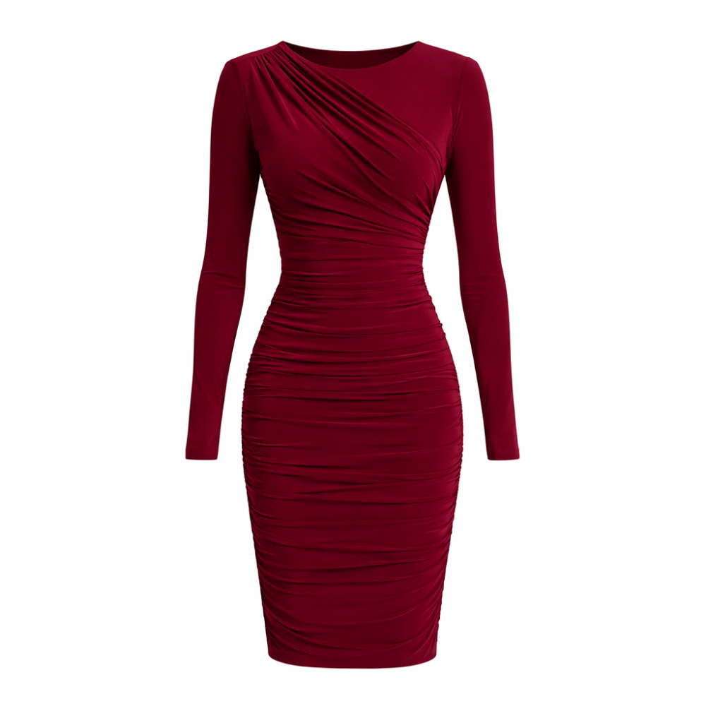 Elegancka dopasowana drapowana sukienka w bordowym kolorze  Olivia by Swing Marszczona sukienka w kolorze wina dopasowana podkreślająca biodra na randkę