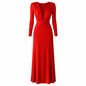 Długa efektowana czerwona sukienka z głębokim dekoltem i marszczeniem w talii  Valentina by Swing )