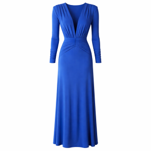Długa efektowana niebieska sukienka z głębokim dekoltem i marszczeniem w talii  Valentina by Swing  royal blue