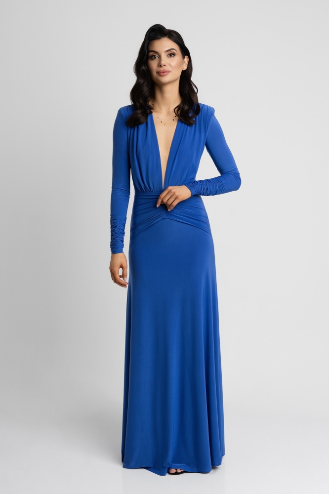 Długa efektowana niebieska sukienka z głębokim dekoltem i marszczeniem w talii  Valentina by Swing  royal blue szafirowa royal blue
