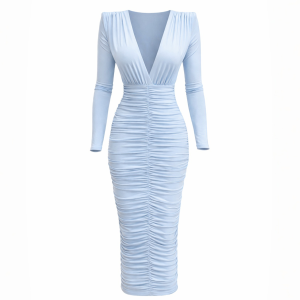 Błękitna dopasowana sukienka midi z długim rękawem i głębokim dekoltem  Selin by Swing