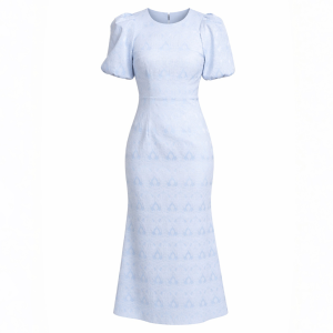 Błękitna  żakardowa sukienka midi z bufiastym rękawem Claudia by Swing 