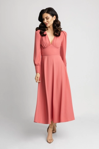 Różowa łososiowa rozkloszowana romantyczna sukienka midi z dekoltem Aisha by Swing  nude