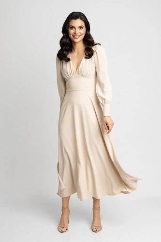 Jasna beżowa rozkloszowana romantyczna sukienka midi z dekoltem Aisha by Swing   