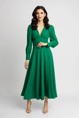 Zielona butelkowa rozkloszowana romantyczna sukienka midi z dekoltem Aisha by Swing   