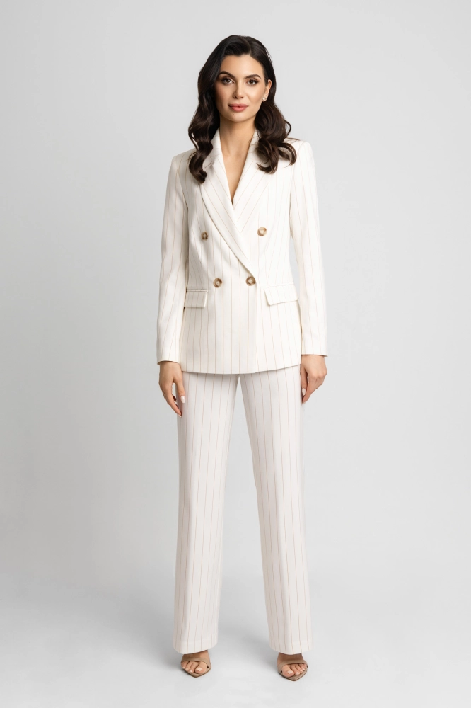 Biały śmietankowy garnitur w prążek dwurzędowa marynarka i luźne spodnie  Billy by Swing