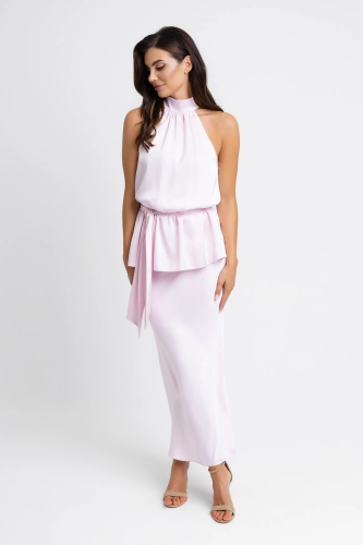Pudroworóżowy elegancki komplet spódnica + bluzka z baskinką Zaja by Swing Fashion