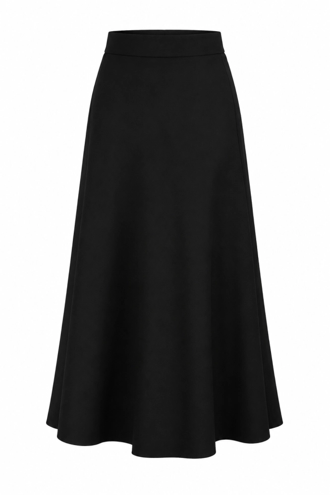 Czarna rozkloszowana spódnica midi z serii Jasmine by Swing elegancka spódnica na jesień pasująca do marynarki kozaków