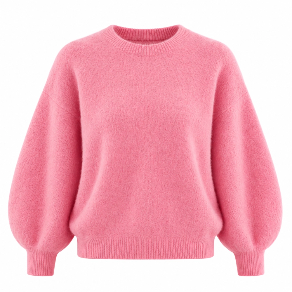 Różowy cukierkowy wełniany sweter z okrągłym dekoltem Cosy alpaka + merino miękki cieply sweter z alpkami i welny merynosa