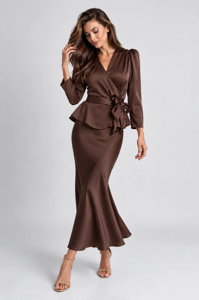 Brązowy czekoladowy elegancki komplet spódnica + bluzka Ottie by Swing jedwabista spónica midi brąz satynowa premium