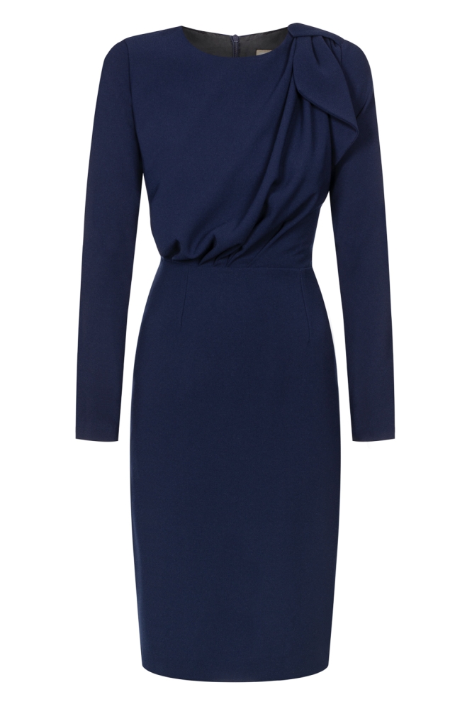 Granatowa ołówkowa sukienka Bridget z ozdobnym drapowaniem i kokardą na ramieniu By SWING