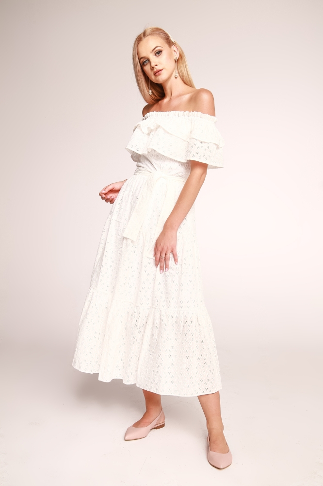 Sukienka batyst biała z falbanami 7/8 Poppie swing