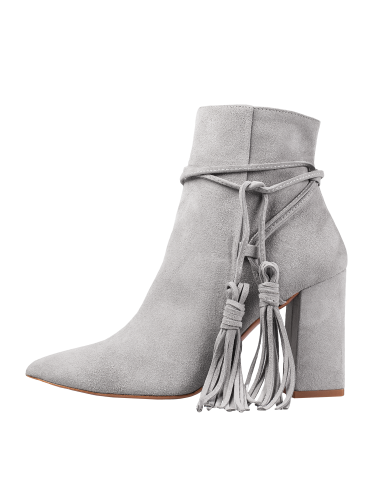 Gray leather boots with tassels