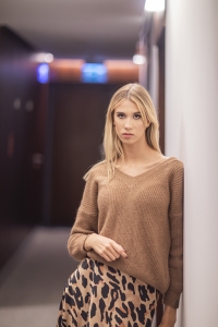 Caramel wool sweater with v neckline