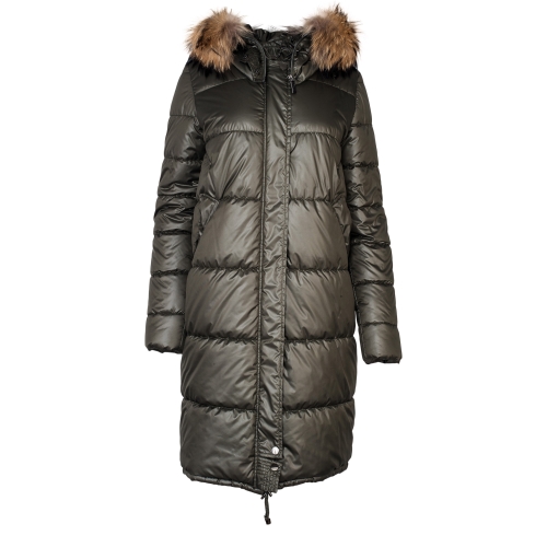 Green quilted jacket with hood trimmed with raccoon fur