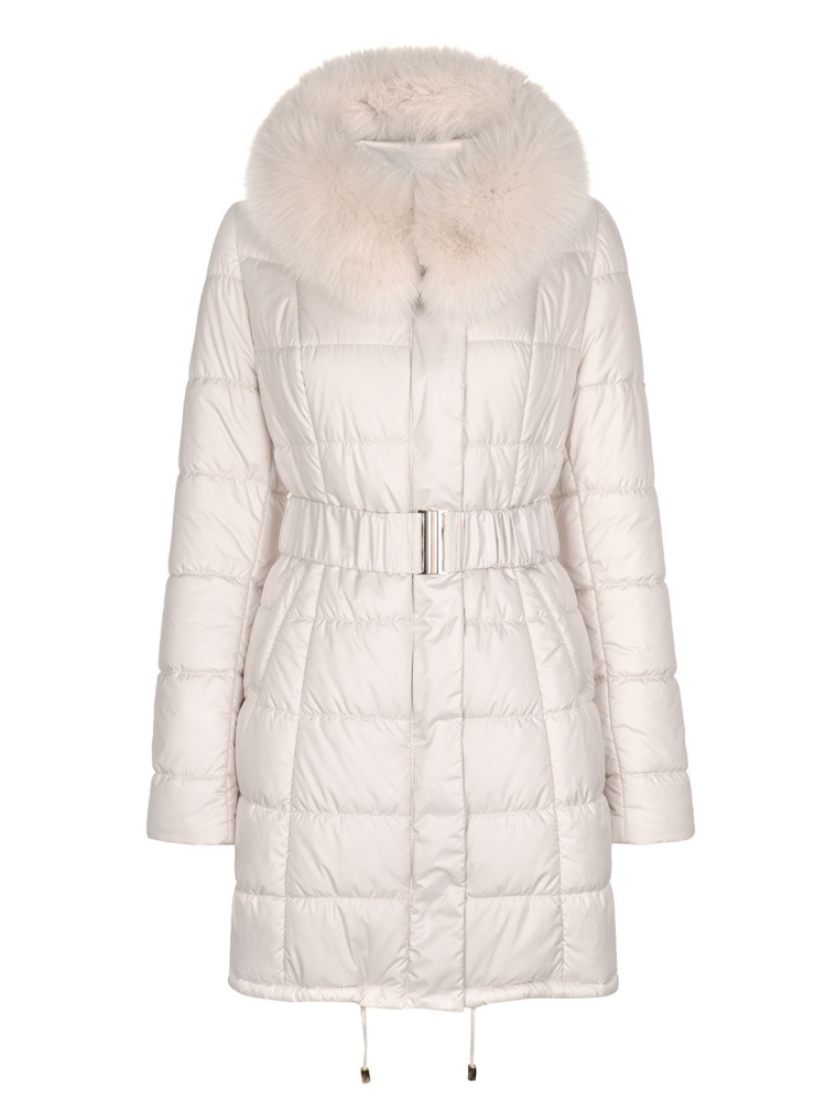 Beżowa ocieplana kurtka z futrzanym obszyciem kaptura