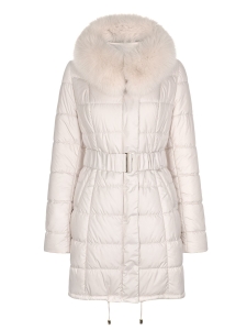 Beige insulated jacket with fur trim on the hood