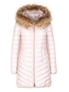 Beige quilted jacket with natural fur on the hood