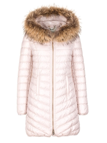 Beige quilted jacket with natural fur on the hood