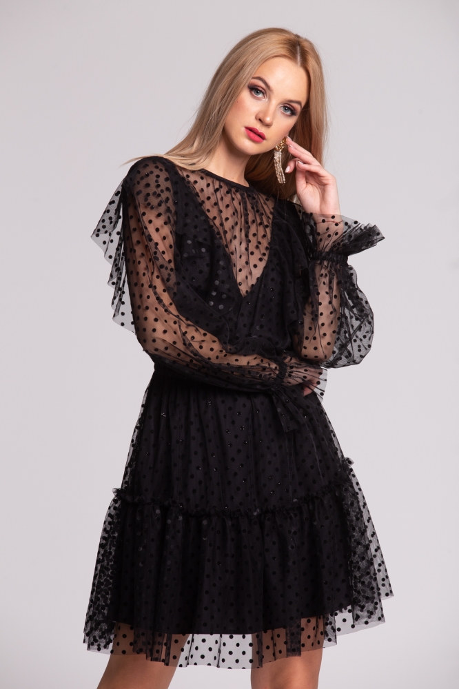 Tiulowa rozkloszowana sukienka w kropki Charlotte 
