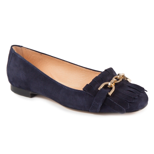 Navy blue suede moccasins with gold buckle