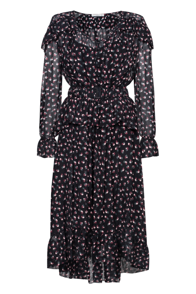 Czarna sukienka midi z falbanami w modny print Ombre TOVA