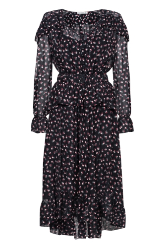 Black midi dress with ruffles in trendy Ombre TOVA print