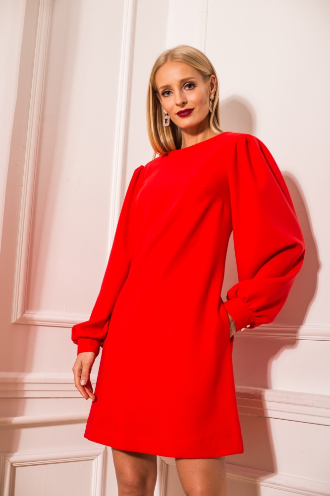 Czerwona sukienka Puffy z bufiastymi rękawami Swing