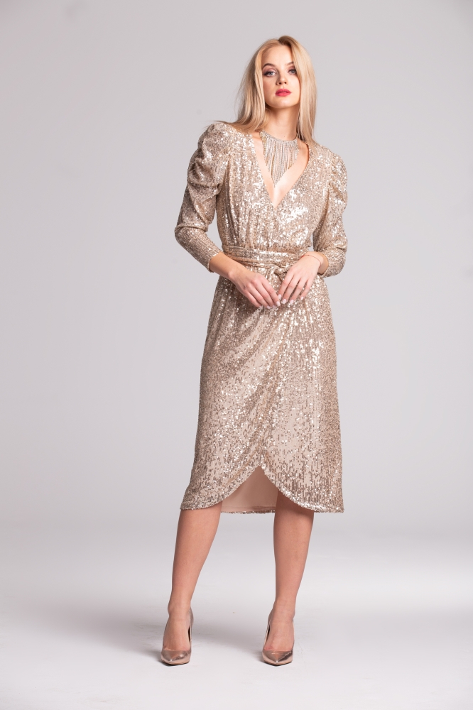 Złota cekinowa sukienka z bufkami Gabrielle midi Swing