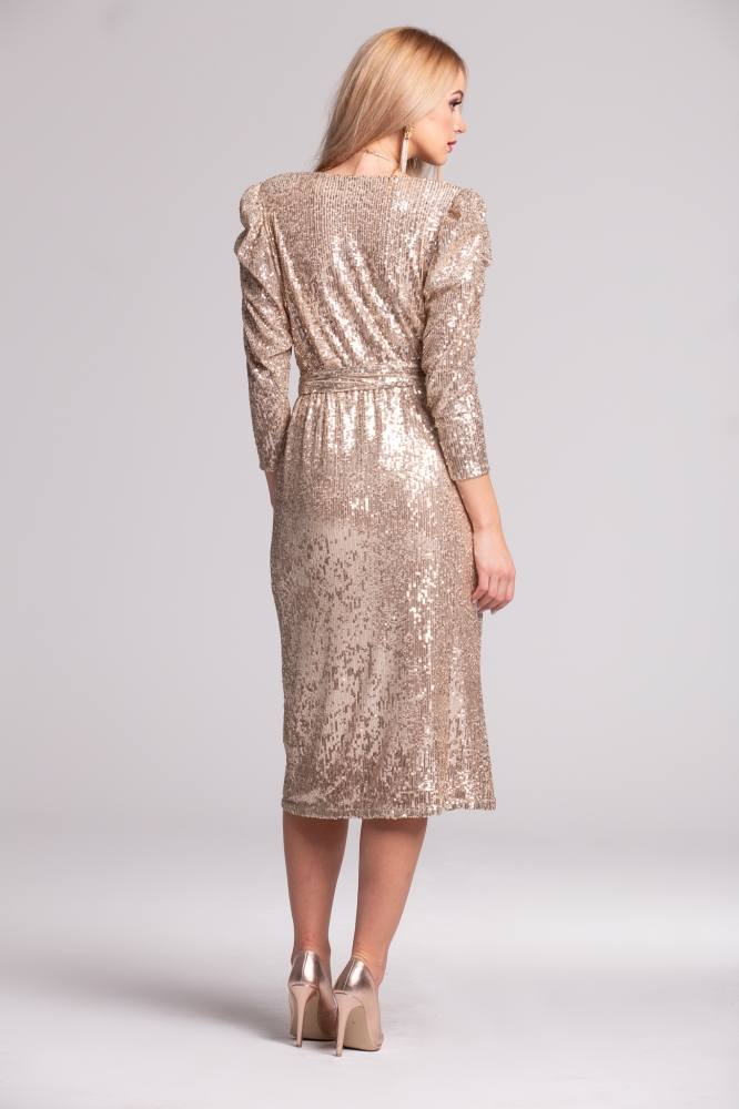Złota cekinowa sukienka z bufkami Gabrielle midi Swing