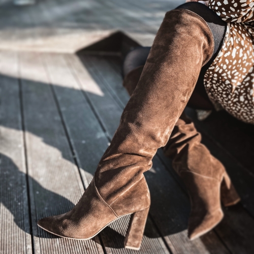 Brown suede leather wide-legged stiletto boots