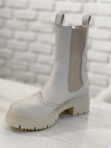 Beige leather mid-calf boots with elastic band