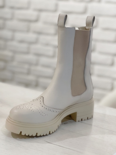Beige leather mid-calf boots with elastic band