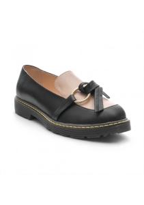 Leather moccasin oxfords black with beige inserts and gold buckle