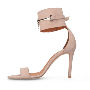 Beige suede stiletto sandals with a wide buckle around the ankle