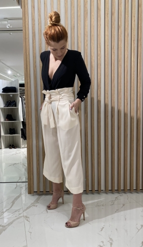 Cream high-waisted trousers with wide legs BETTY