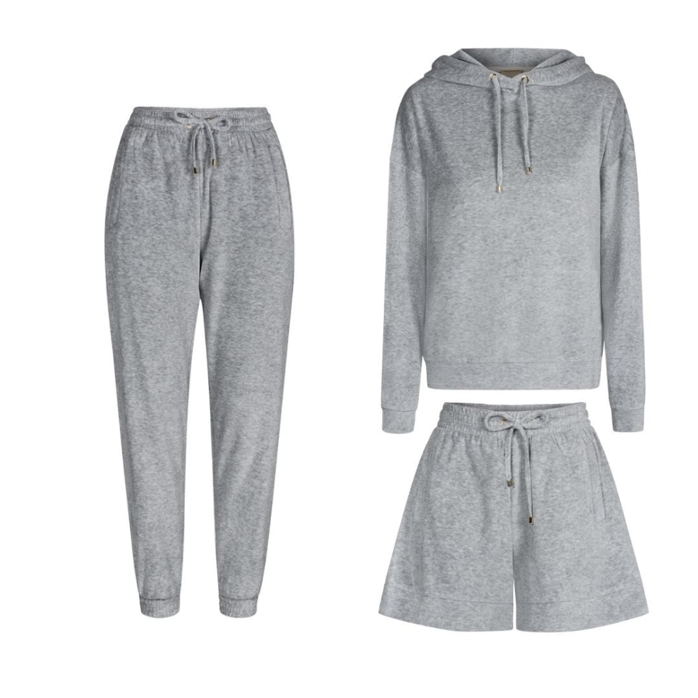 Trzyczęściowy welurowy dres z kapturem w kolorze szarym Fallon by Swing  krótkie welurowe spodenki