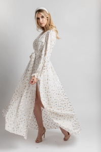 Long white dress with gold pea pleats Iris by Swing