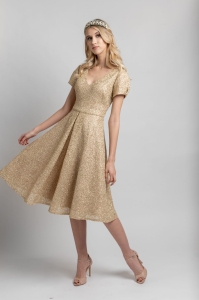Gold flared midi dress with sleeves Honey by Swing