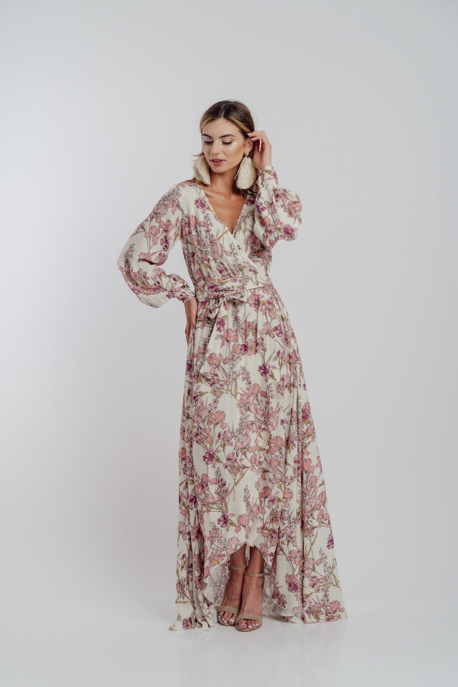 Kwiatowa długa sukienka z krótszym przodem Irmina by Swing